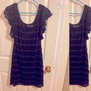 Guess mini cocktail dress, stretch black lace with silver detail, ruffle sleeves